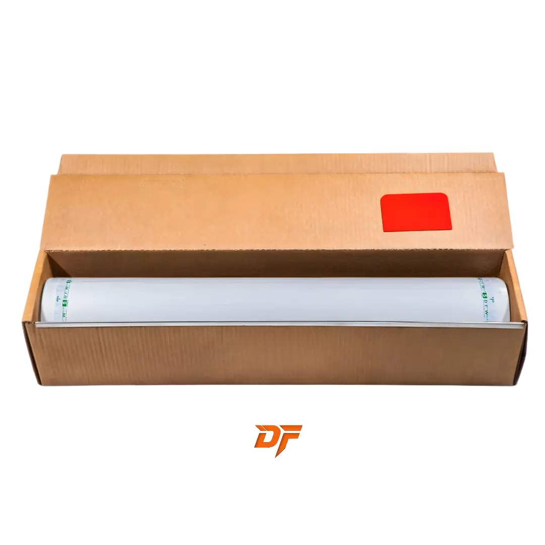 Open Dust Free Film patented application box showing the roll, integrated cutting bar and reinforced structure