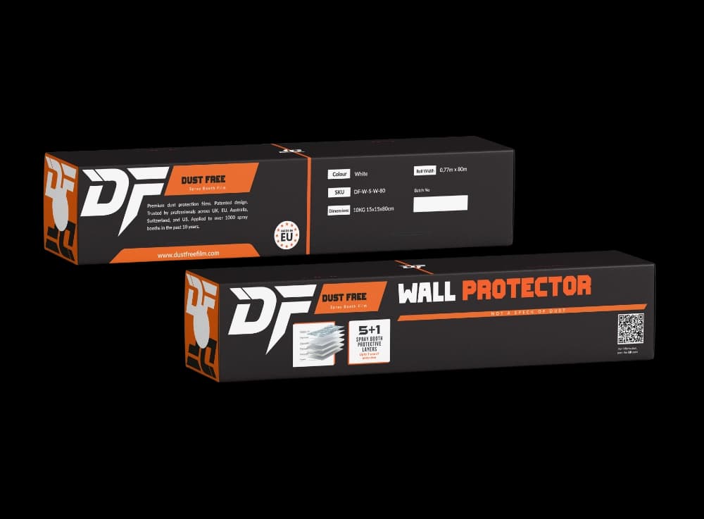 White multi-layer spray booth wall protection film applied with the patented dispenser box